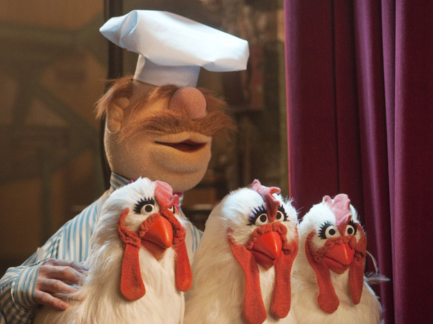 Bork Bork Bork: The Swedish Chef and his remarkably cooperative chickens wait mise en place for the telethon.