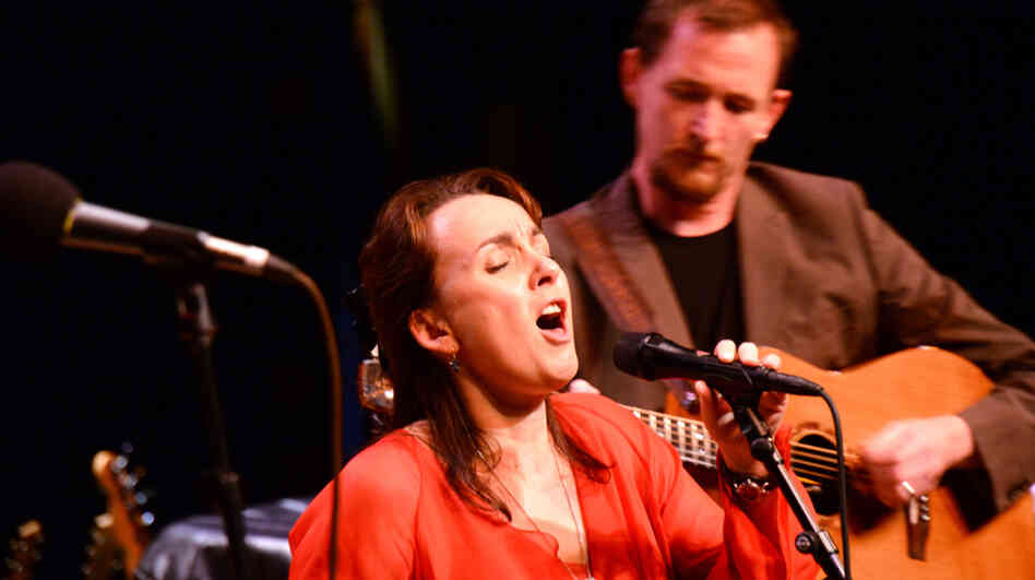 Karan Casey (front) and John Doyle perform on Mountain Stage, recorded at Ohio University in Athens, Ohio.