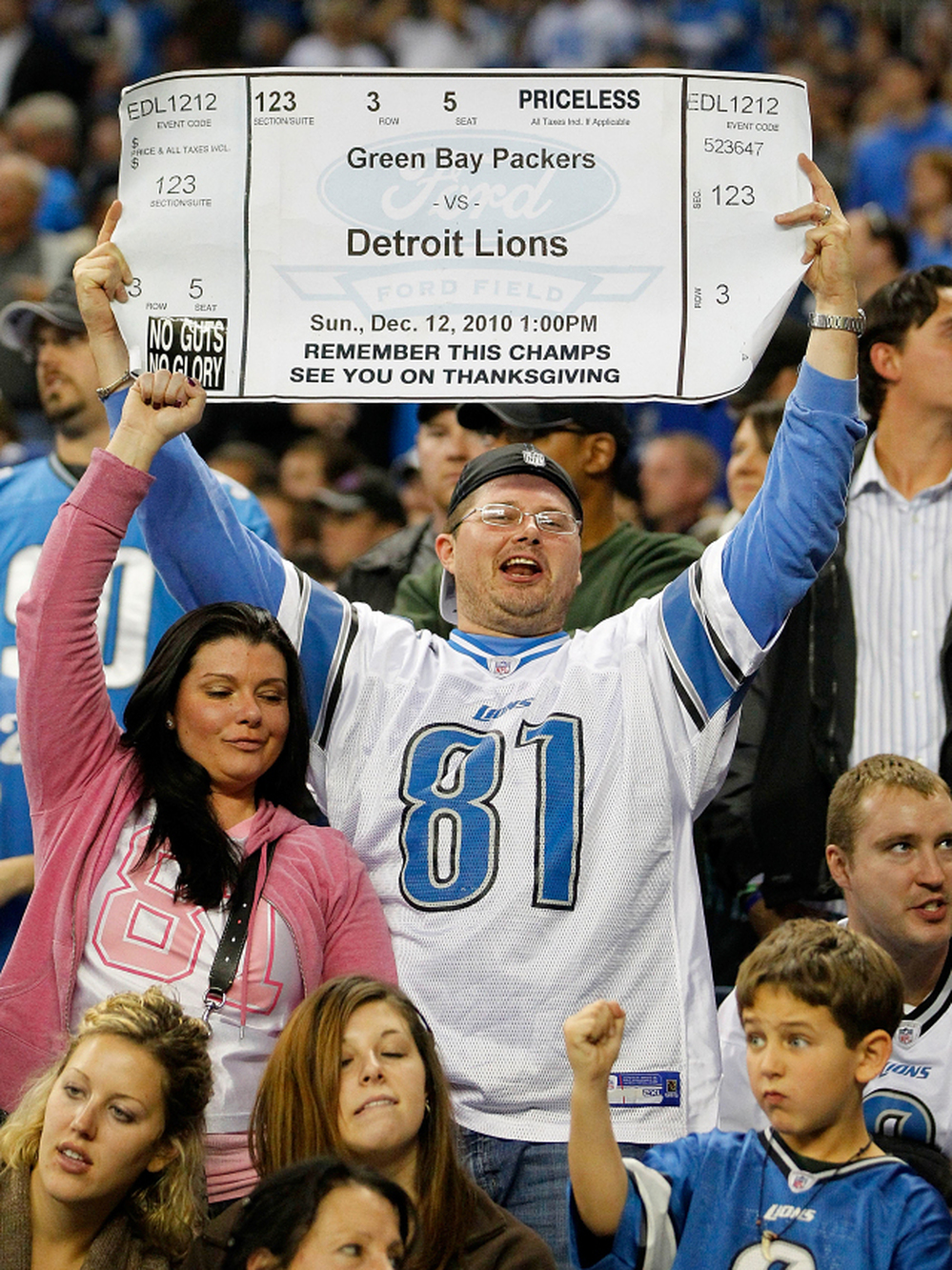 The Detroit Lions will face off against their favorite Thanksgiving nemesis, the Green Bay Packers, Thursday. Last week, a Detroit fan held up a sign looking ahead to the Thanksgiving game.