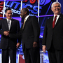 Mitt Romney, Herman Cain and Newt Gingrich before a GOP presidential debate in Washington, Tuesday, Nov. 22, 2011. 