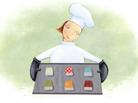 Illustration: Chef holds a tray of freshly baked books.