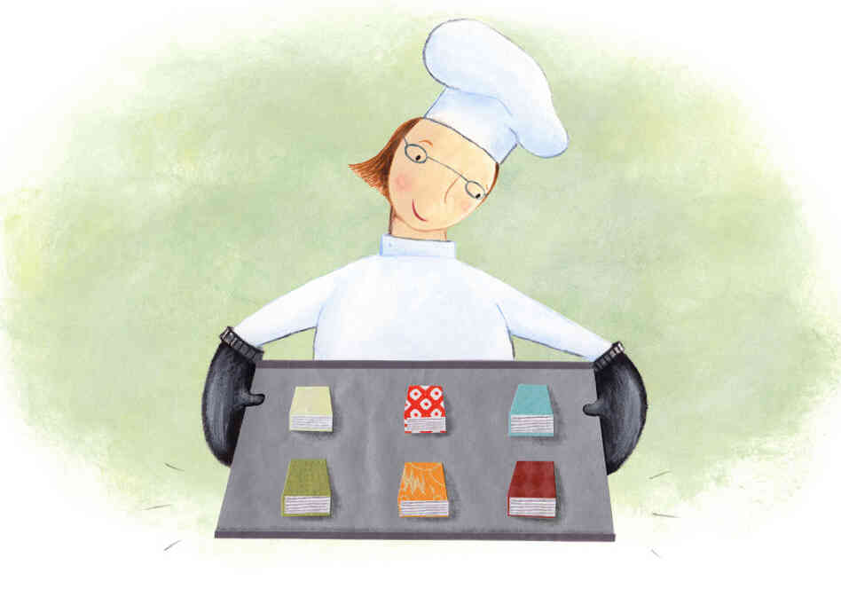 Illustration: Chef holds a tray of freshly baked books.