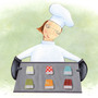 Illustration: Chef holds a tray of freshly baked books.