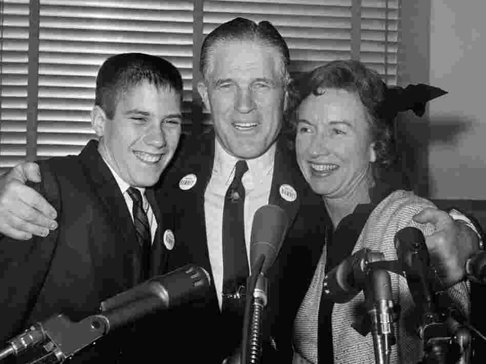 George Romney with his wife, Lenore, and teenage son Mitt, after announcing he would seek the Republican nomination for governor of Michigan in 1962.