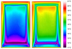 This infrared image shows a low-e window (right) and an untreated window in winter conditions. The low-e window's insulating film keeps heat inside a building. It also has coating that blocks outside rays of sunlight - an inefficiency researchers are trying to correct with dynamic windows. This infrared image shows a low-e window (right) and an untreated window in winter conditions. The low-e window's insulating film keeps heat inside a building. It also has coating that blocks outside rays of sunlight - an inefficiency researchers are trying to correct with dynamic windows.