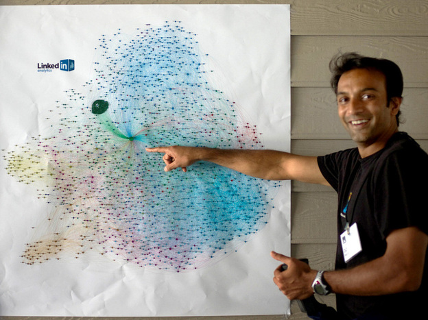 DJ Patil explains a visualization of a person's LinkedIn network, where different groups of contacts are illustrated by different colors. Patil developed big data projects for LinkedIn — like algorithms to determine whom you might know. He now recruits mathematicians for a venture capital firm.