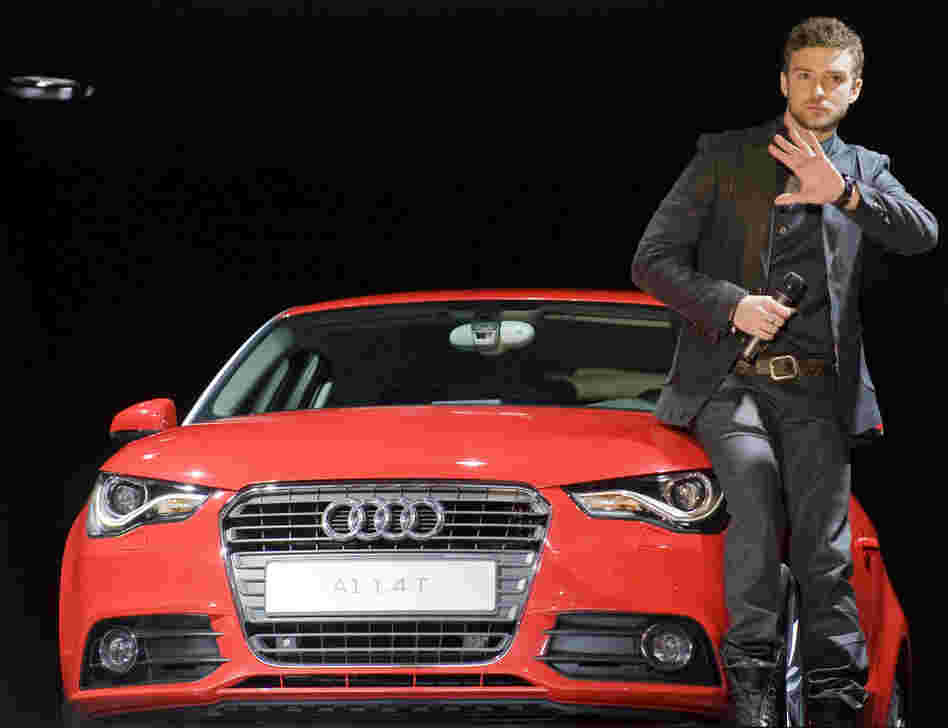 Justin Timberlake presents the Audi A1 at the Geneva Motor Show in Switzerland in 2010. Timberlake stars in a viral marketing campaign for the car company aimed at a younger demographic. Audi's share of the luxury market has risen in recent years. Justin Timberlake presents the Audi A1 at the Geneva Motor Show in Switzerland in 2010. Timberlake stars in a viral marketing campaign for the car company aimed at a younger demographic. Audi's share of the luxury market has risen in recent years.