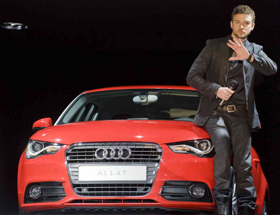 Justin Timberlake presents the Audi A1 at the Geneva Motor Show in Switzerland in 2010. Timberlake stars in a viral marketing campaign for the car company aimed at a younger demographic. Audi's share of the luxury market has risen in recent years. Justin Timberlake presents the Audi A1 at the Geneva Motor Show in Switzerland in 2010. Timberlake stars in a viral marketing campaign for the car company aimed at a younger demographic. Audi's share of the luxury market has risen in recent years.