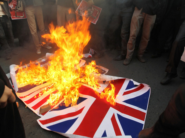 Iranian protesters burned the British flag outside the embassy in Tehran today (Nov. 29, 2011) and then stormed inside, according to news reports. 