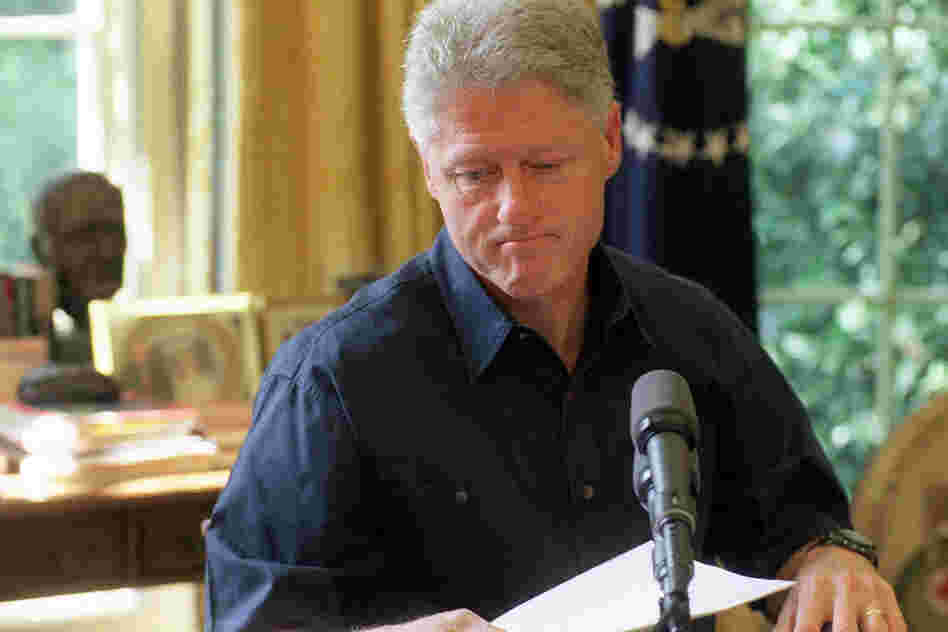 Then-President Bill Clinton tapes a radio address Aug. 15, 1998, two days before admitting an affair with Monica Lewinsky. 