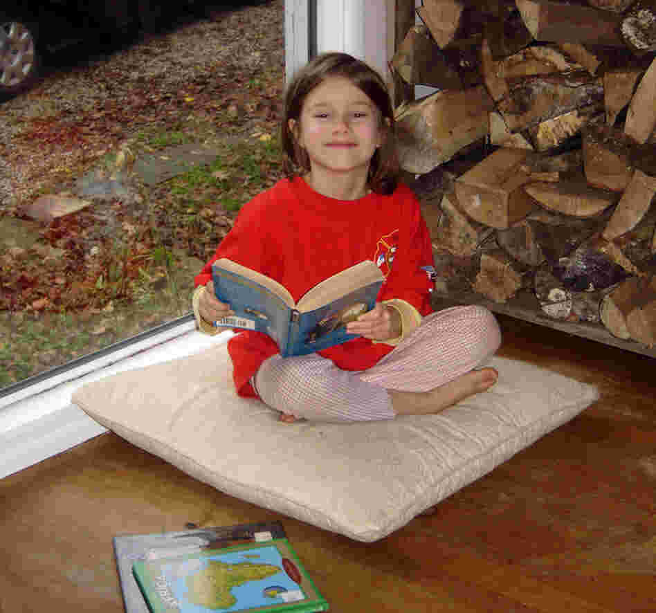 Lucia Kasper, 6, sits in her favorite reading spot at her home in Hiram, Ohio. In the past few weeks, she has read The Phantom Tollbooth three times.