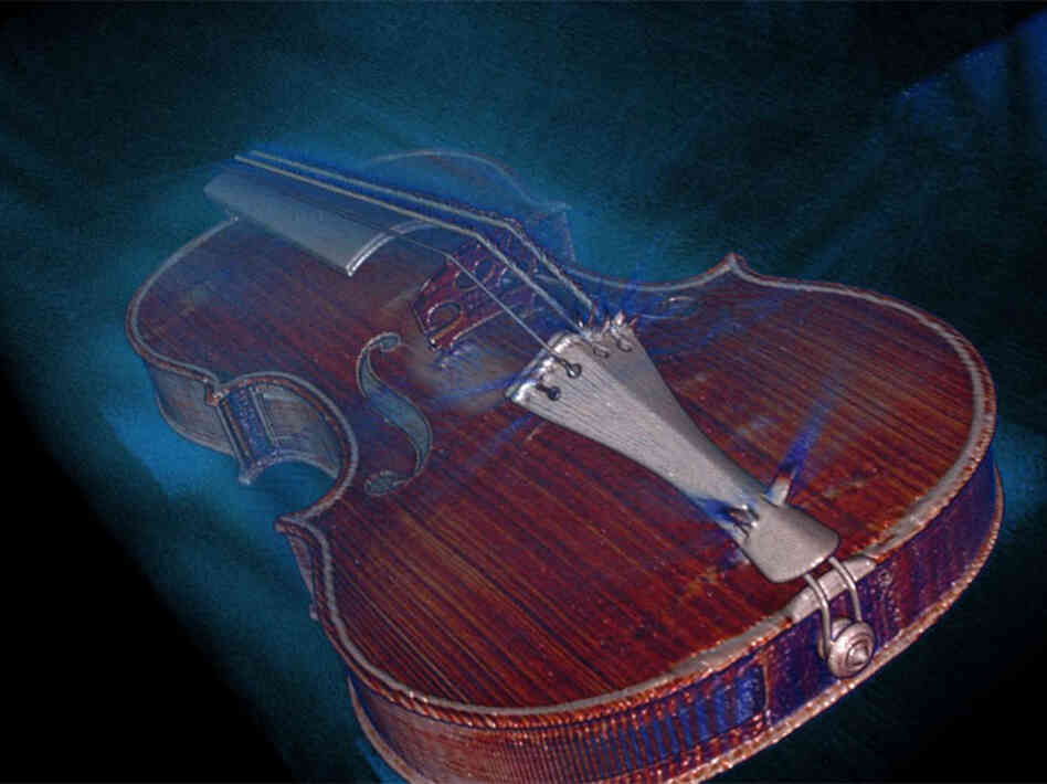 This image, derived from the OsiriX DICOM image viewer, is a single frame from a 3-D volume rendered movie of the 1704 Stradivari Betts violin.