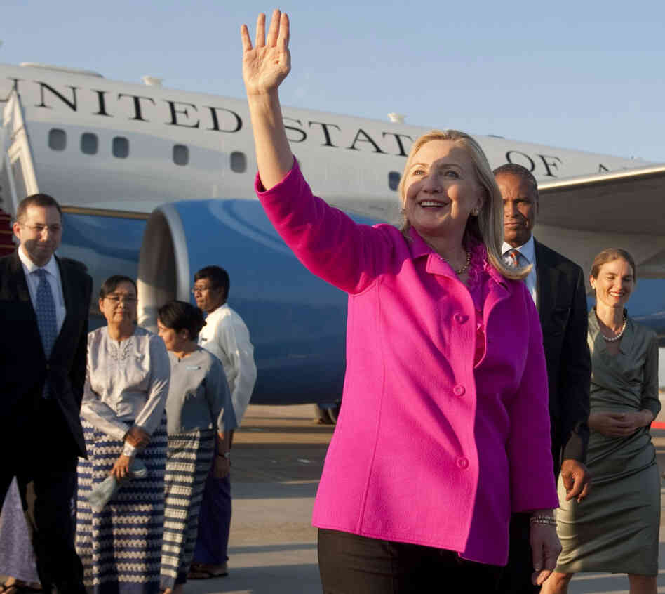 Secretary of State Hillary Rodham Clinton upon her arrival in Naypyidaw, Myanmar, earlier today (Nov. 30, 2011).