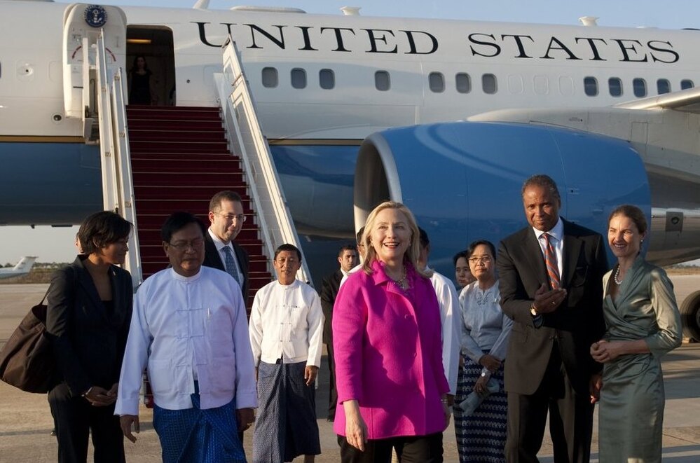 U.S. Secretary of State Hillary Clinton arrives in Myanmar's capital city, Naypyidaw, on Wednesday for the first top-level U.S. visit to the country in half a century.