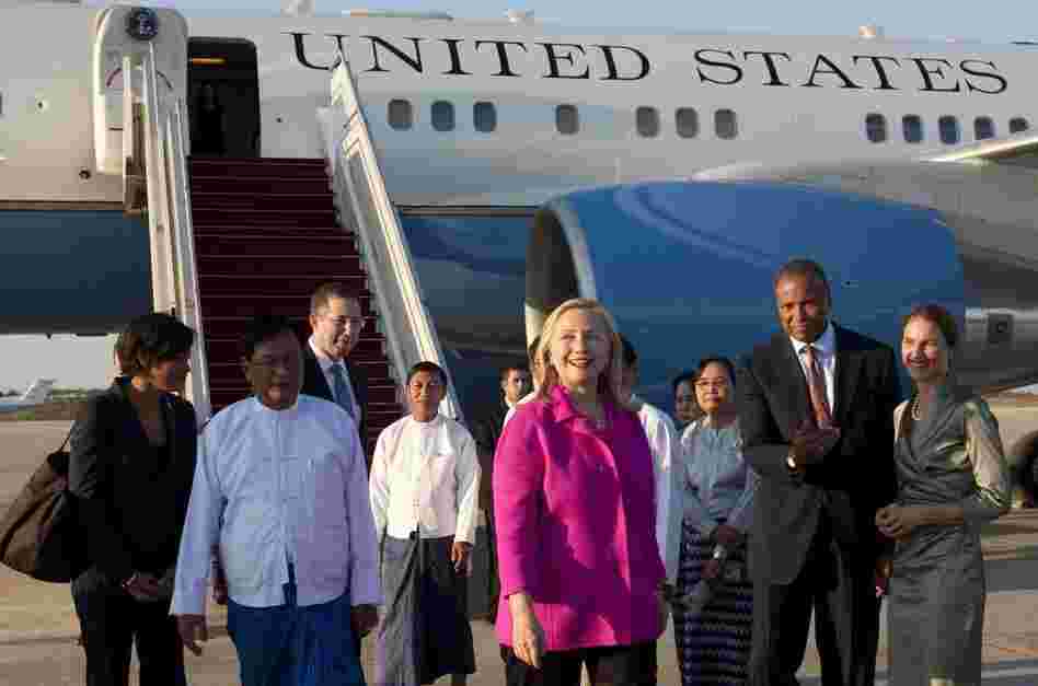 U.S. Secretary of State Hillary Clinton arrives in Myanmar's capital city, Naypyidaw, on Wednesday for the first top-level U.S. visit to the country in half a century.