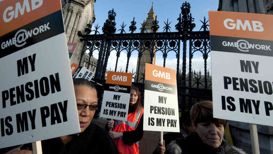 Demonstrators in London marched outside the Houses of Parliament  on Wednesday to protest against pension cuts. The issue has stirred demonstrations in many parts of Europe and the U.S. 