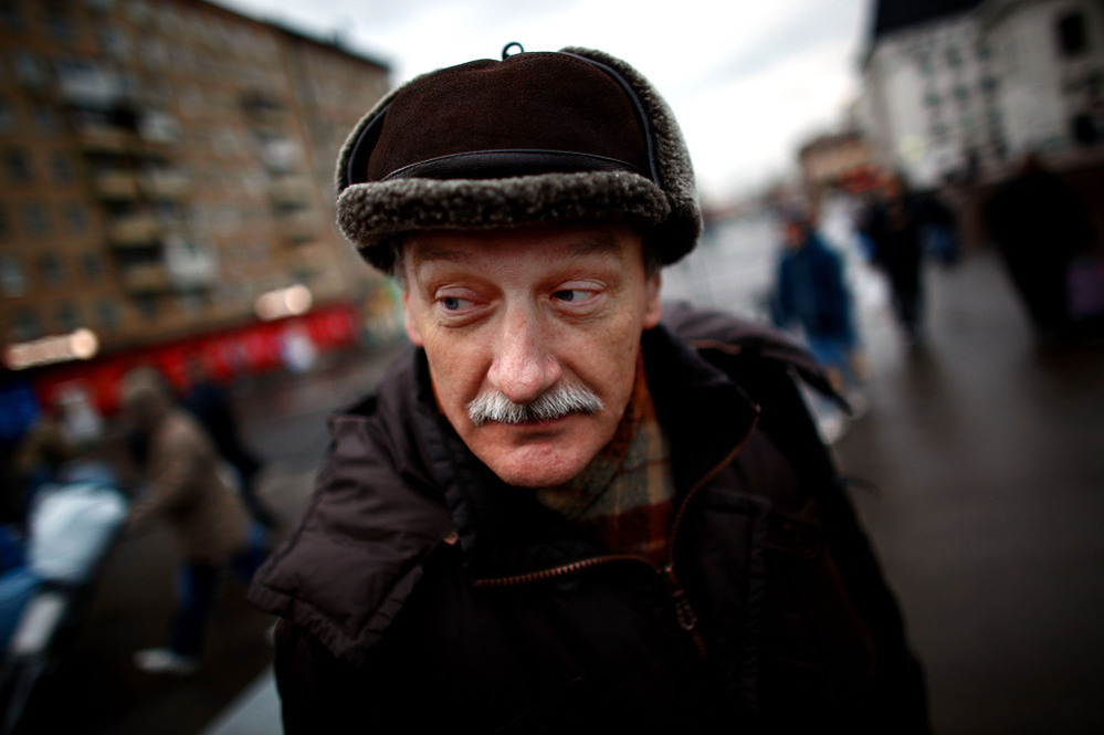 Sergei Tarkhov, a geology professor and Trans-Siberian veteran, stands near the zero kilometer mark at Yaroslavsky Rail Station in Moscow. 
