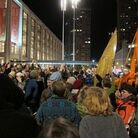 Occupy Wall Street protesters at Lincoln Center being addressed by composer Philip Glass December 1, 2011. 