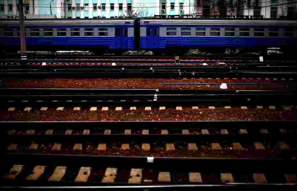 Railroad tracks criss-cross away from Yarolslavsky Rail Station in Moscow.