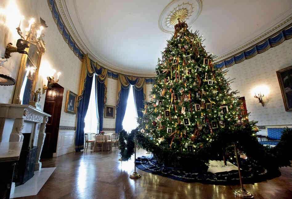 This year, the official tree is an 18 1/2-foot balsam fir in the Blue Room. Decorated with medals and cards made by military children, it honors Blue Star military families. 