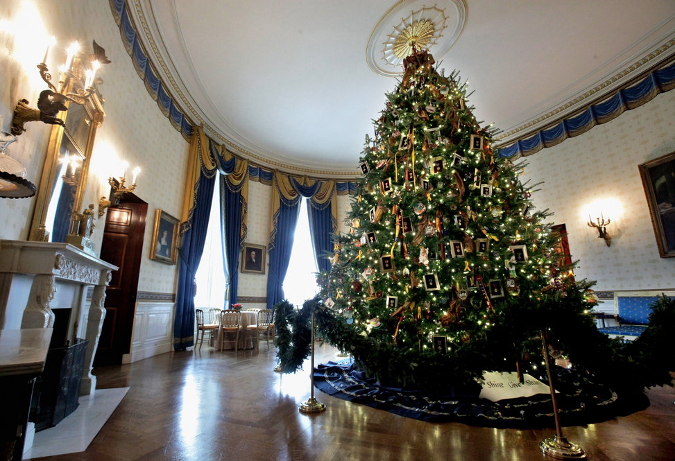 This year, the official tree is an 18 1/2-foot balsam fir in the Blue Room. Decorated with medals and cards made by military children, it honors Blue Star military families. 