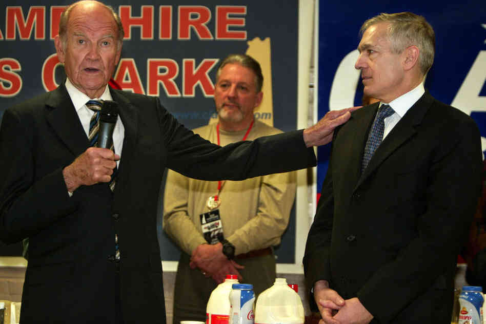 Democratic presidential hopeful Wesley Clark (right) is endorsed by McGovern during a pancake breakfast in Keene, N.H., 2004.