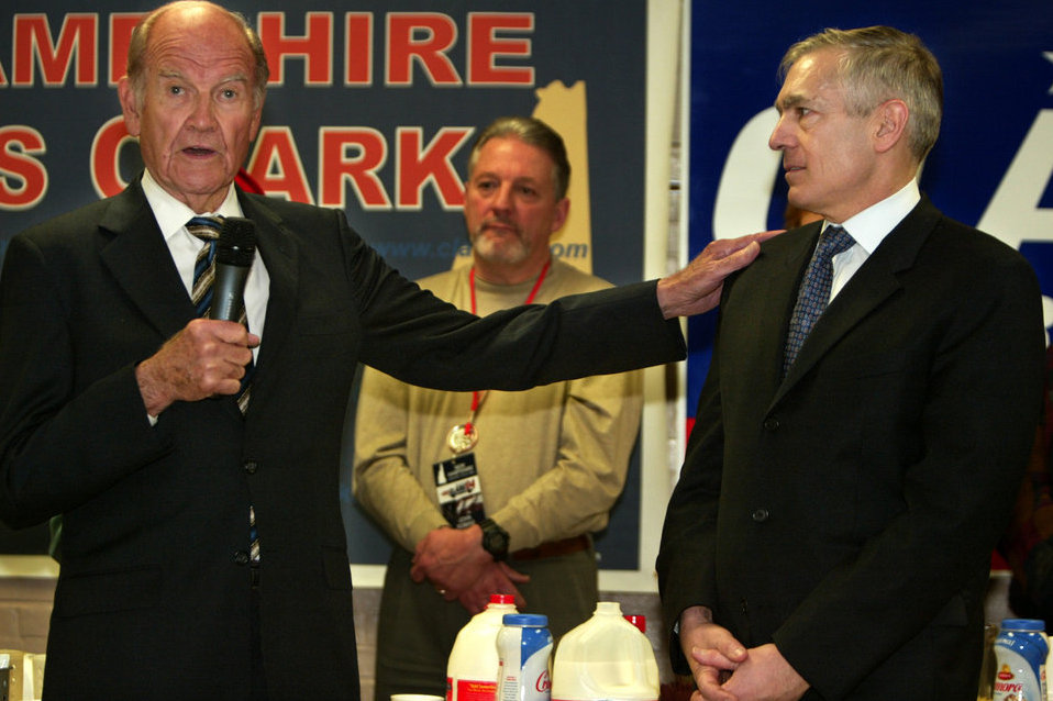 Democratic presidential hopeful Wesley Clark (right) is endorsed by McGovern during a pancake breakfast in Keene, N.H., 2004.