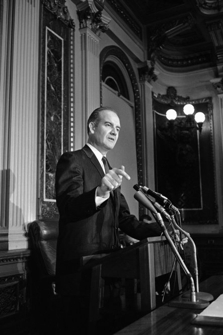 In the Senate, McGovern took on the issue of hunger in America. Here he discusses his recommendations for more vigorous efforts to use surplus food at a news conference in Washington in 1961. 