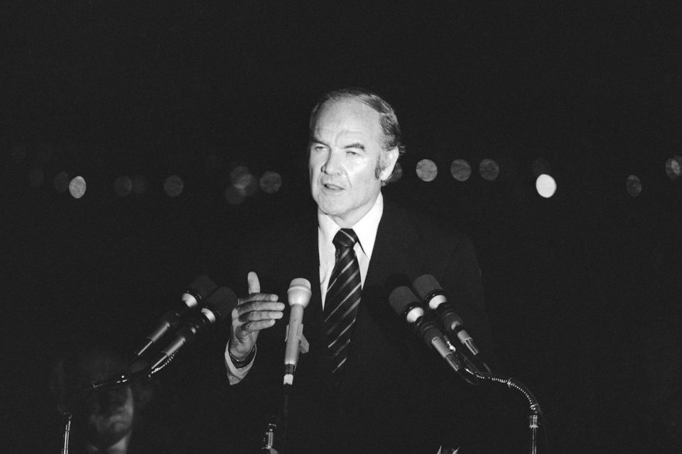 In the final hours of his campaign for the presidency, McGovern speaks at a rally in Long Beach, Calif., 1972. He lost the race to Richard Nixon in a landslide.