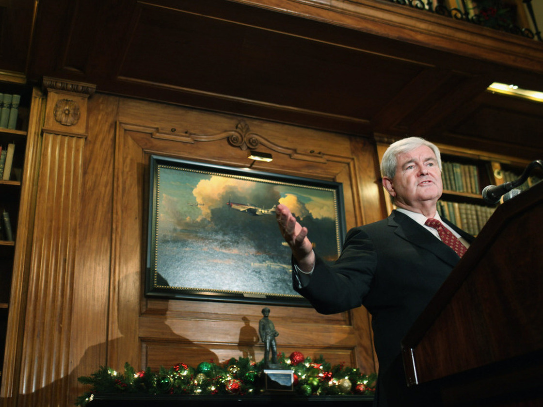 Republican presidential candidate Newt Gingrich speaks to the media at the Union League Club following an earlier meeting with Donald Trump at Trump Tower on Dec. 5 in New York City. 