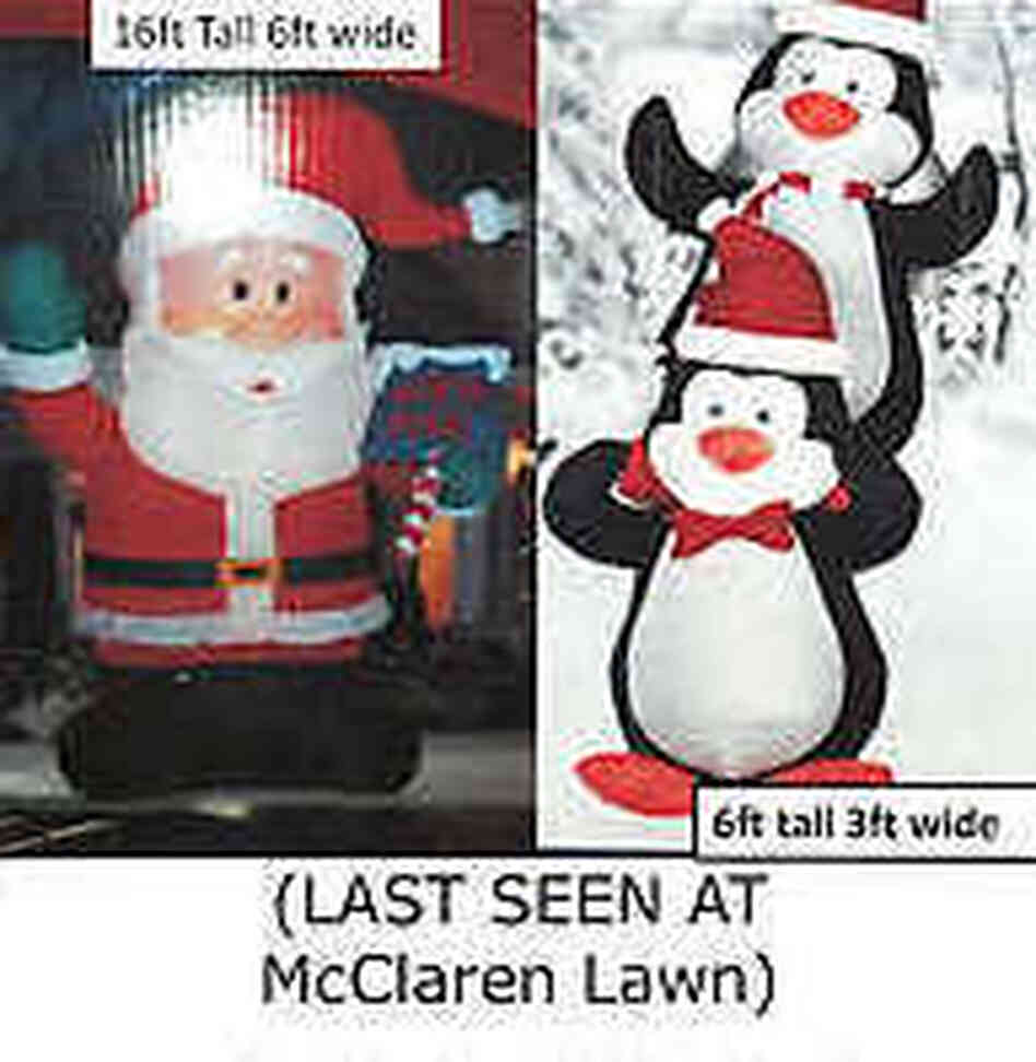 The missing Santa and penguins as seen on McClaren's reward poster. The missing Santa and penguins as seen on McClaren's reward poster.