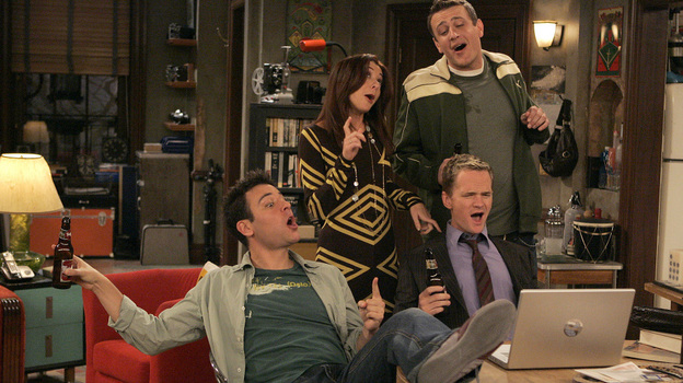 Lily (Alyson Hannigan), Marshall (Jason Segel), Ted (Josh Radnor), and Barney (Neil Patrick Harris, right) on How I Met Your Mother.