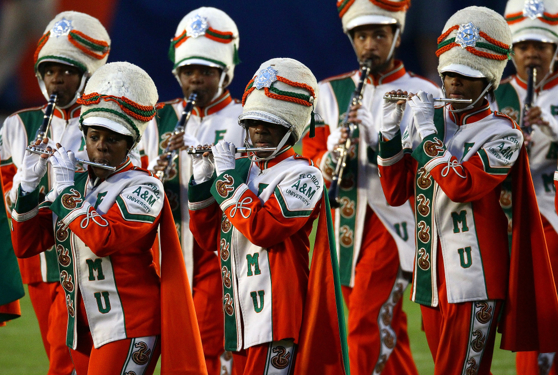 The Marching 100, Florida A&M University's band, performs on the field before Super Bowl XLIV, Feb. 7, 2010. The band's director, Julian White, was fired in November after a band member died, allegedly from a hazing incident on a bus.
