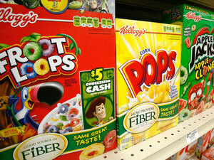 Boxes of Kellogg's Froot Loops, Corn Pops and Apple Jacks on the shelf of a Mt. Lebanon, Pa., grocery store.