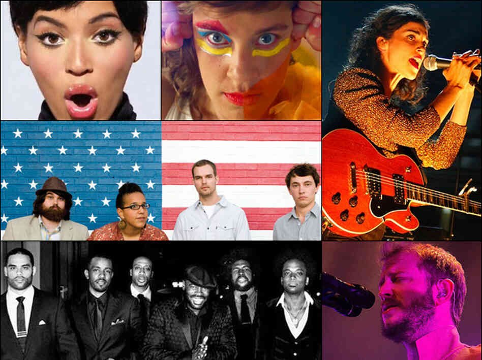 Clockwise from top left: Beyoncé, tUnE-yArDs, St. Vincent, Bon Iver, The Roots, Alabama Shakes.
