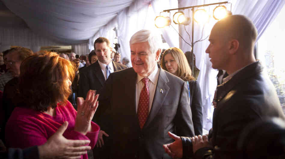 Newt Gingrich, whose run for president nearly derailed earlier this year when many of his top staffers quit, now sits atop the polls. As a result, his campaign organization is growing. Here, he arrives at a town hall meeting last week in Staten Island, N.Y. Newt Gingrich, whose run for president nearly derailed earlier this year when many of his top staffers quit, now sits atop the polls. As a result, his campaign organization is growing. Here, he arrives at a town hall meeting last week in Staten Island, N.Y.