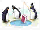 Illustrations: Penguins ice fish for books.