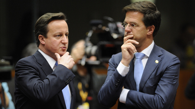 Britain Prime Minister David Cameron (left) and Netherlands Prime Minister Mark Rutte  earlier today at the summit in Brussels. 