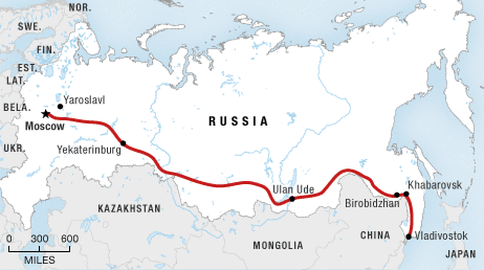 The route of the Trans-Siberian railway from Moscow to Vladivostok.