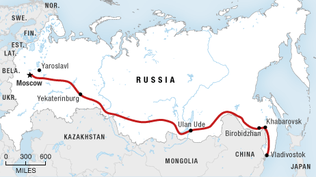 The route of the Trans-Siberian railway from Moscow to Vladivostok.