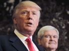Republican presidential candidate, former House Speaker Newt Gingrich listens at right as Donald Trump talks to media after a meeting in New York. Republican presidential candidate, former House Speaker Newt Gingrich listens at right as Donald Trump talks to media after a meeting in New York.