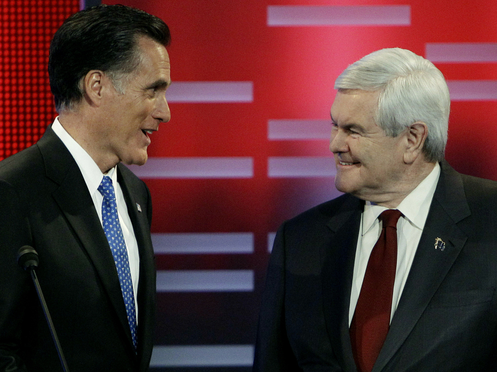 Republican presidential candidates former Massachusetts Gov. Mitt Romney and former House Speaker Newt Gingrich squared off in the ABC debate in Des Moines, Iowa, Saturday night.