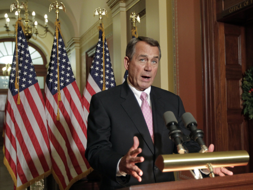 House Speaker John Boehner speaks to reporters at the Capitol on Monday.