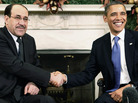 Iraqi Prime Minister Nouri al-Maliki shakes hands with President Obama in the Oval Office at the White House on Monday. The two leaders met as the U.S. prepares to withdraw the last of its combat troops from Iraq. Iraqi Prime Minister Nouri al-Maliki shakes hands with President Obama in the Oval Office at the White House on Monday. The two leaders met as the U.S. prepares to withdraw the last of its combat troops from Iraq.