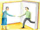 Illustration: A man steps out of a book to shake hands.