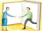 Illustration: A man steps out of a book to shake hands.