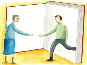 Illustration: A man steps out of a book to shake hands.