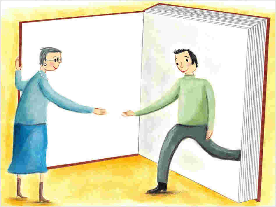 Illustration: A man steps out of a book to shake hands. Illustration: A man steps out of a book to shake hands.