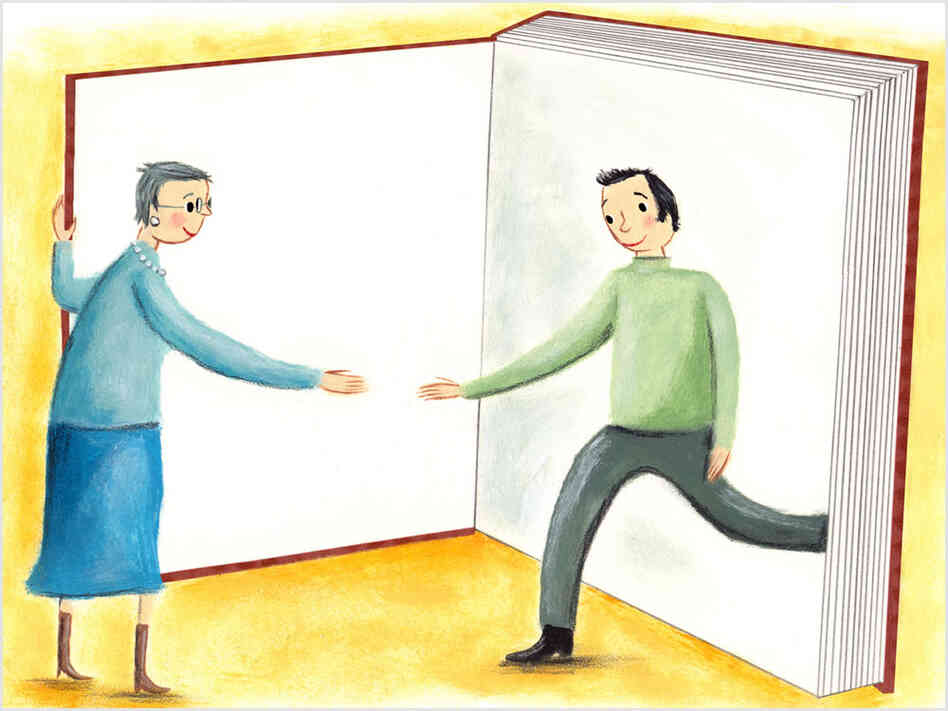 Illustration: A man steps out of a book to shake hands. Illustration: A man steps out of a book to shake hands.