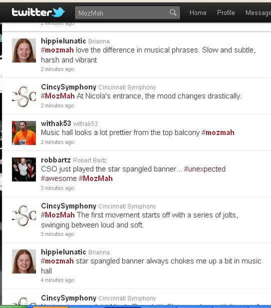 A screenshot of users taking advantage of the #mozmah hashtag during a performance of Mozart and Mahler. A screenshot of users taking advantage of the #mozmah hashtag during a performance of Mozart and Mahler.